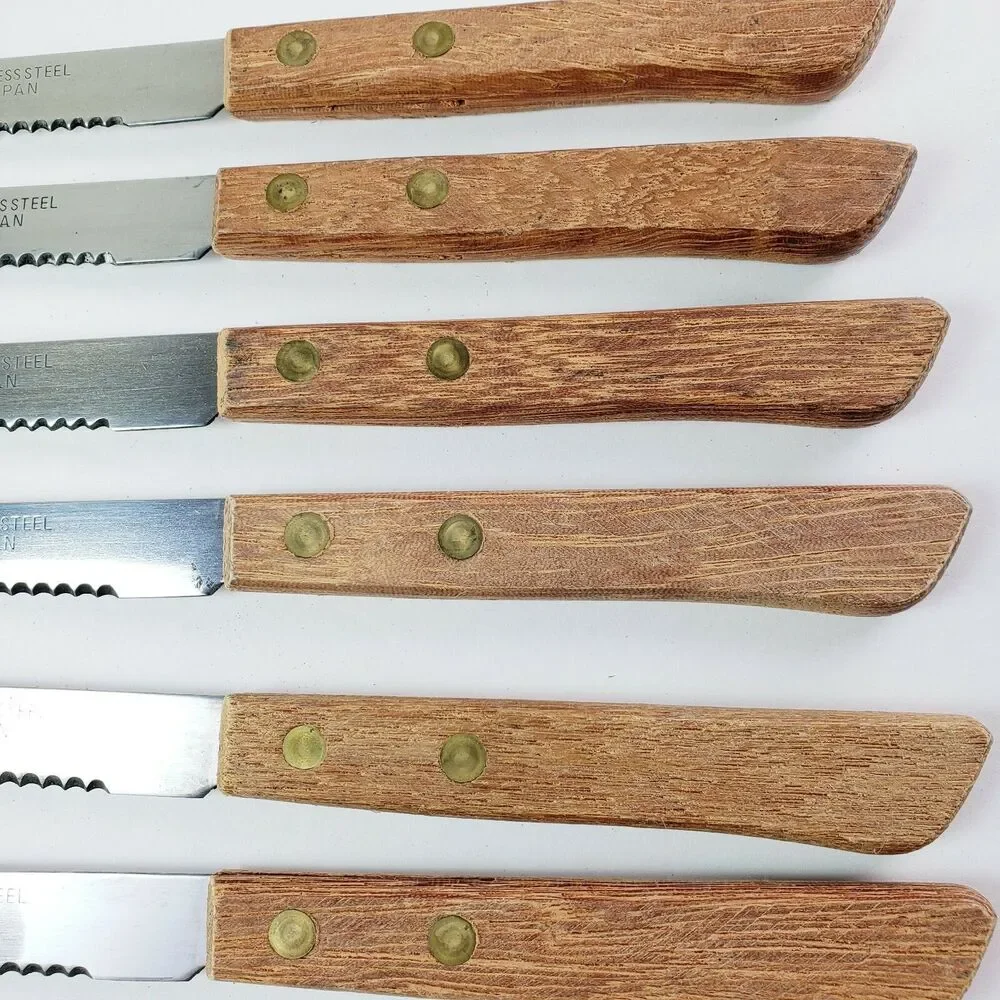 Vtg Champion 6 Pc Steak Knives Serrated Wood Riveted Handles Kitchen Utensils